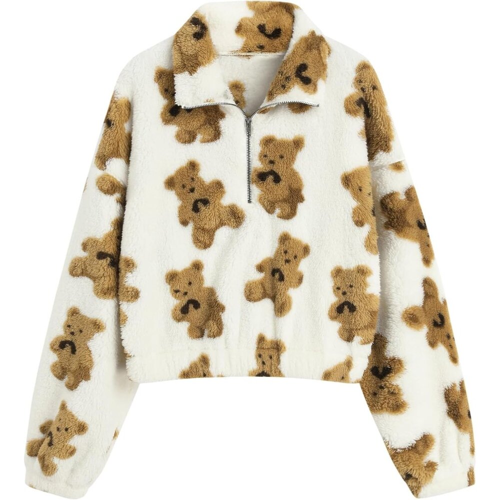 Women's White long Sleeve Lapel Half Zip Plain Faux Fur Solid Sweatshirt